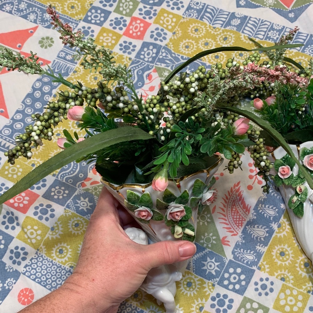 Vintage Dresden Porcelain Floral Cherub Wall Sconce Set - White and Pink - Picture 5 of 16